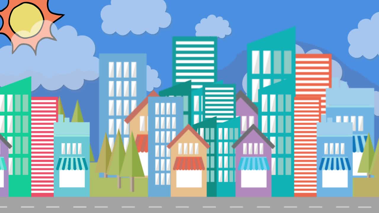 paisaje urbano moviéndose contra el sol y el cielo en el fondo