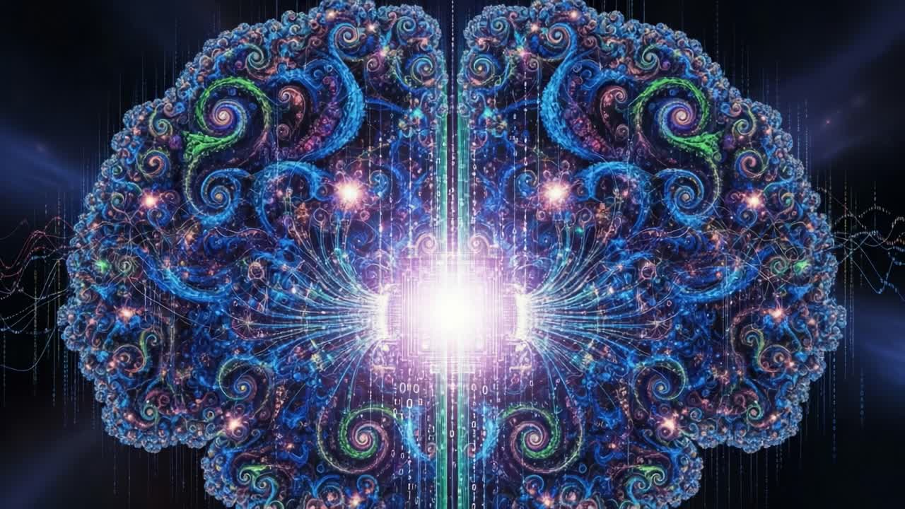 A Stunning Visualization of the Human Brain Representing Neural Activity with Intricate Patterns and a Central Glow, Symbolizing Creativity and Intelligence