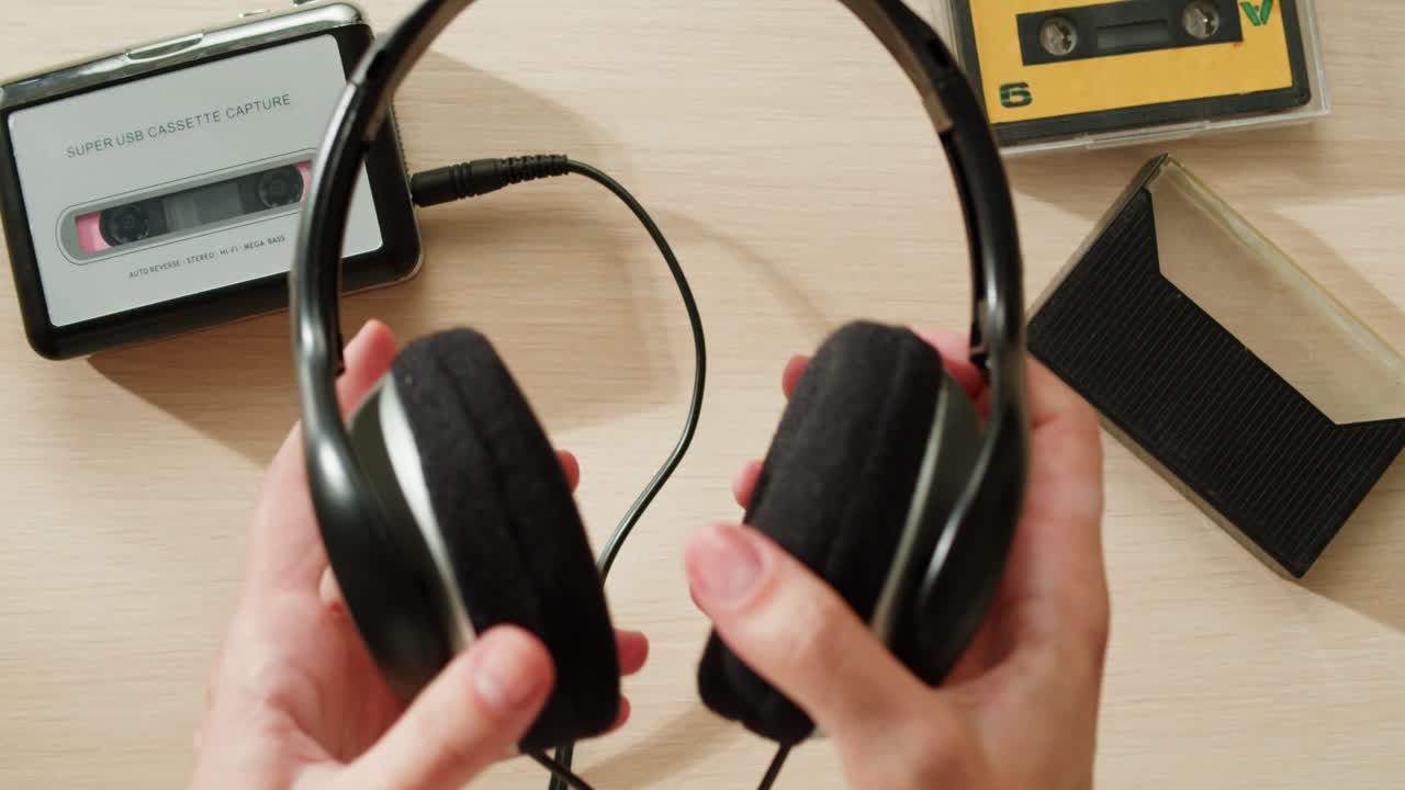 카세트 플레이어에 헤드폰을 연결하는 것