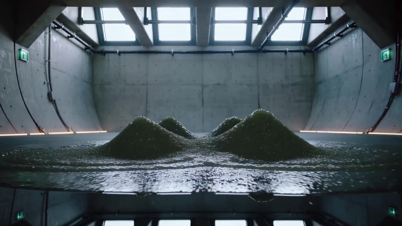 Rising water dome after initial impulse breaking into waves in concrete test chamber