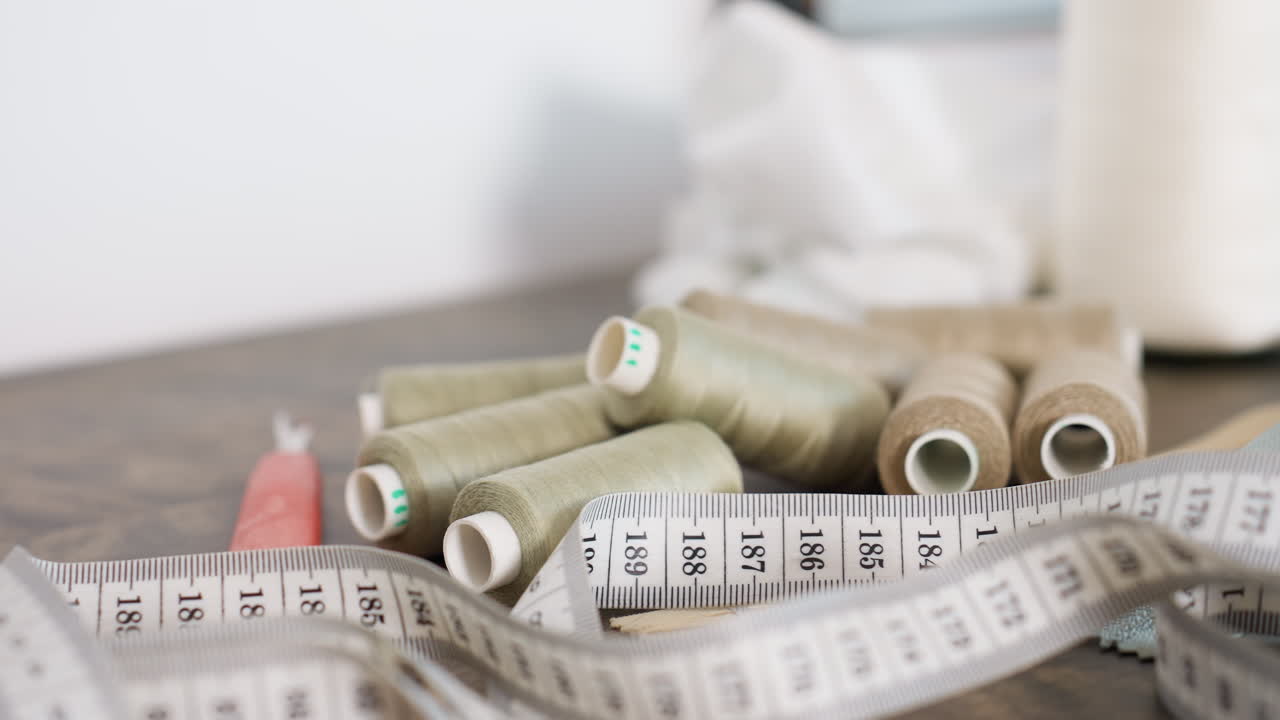 Measuring tape and golden color sewing yard on work table, focusing on spools, synergy, creative environment, showcasing professional approach, detailing craft for garment design