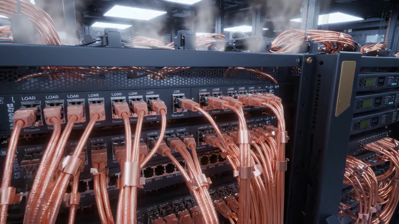 Detailed Overview of a Server Room Environment Featuring Wired Network Equipment, Active Cooling Elements, and Intricate Cable Management Solutions for Optimal Performance