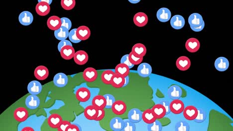 Animation-of-social-media-reactions-floating-over-globe-on-black-background