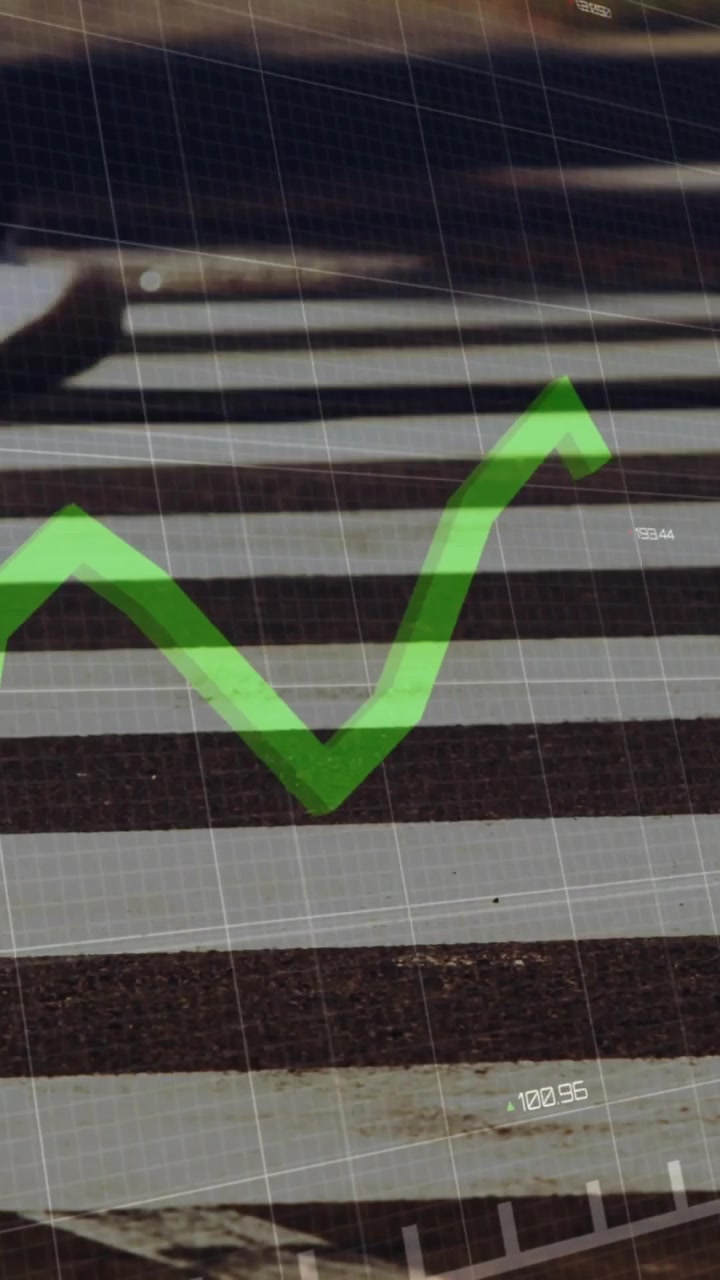 Vertical video: On load green trend line drawing on grid, peaking then settling near 100