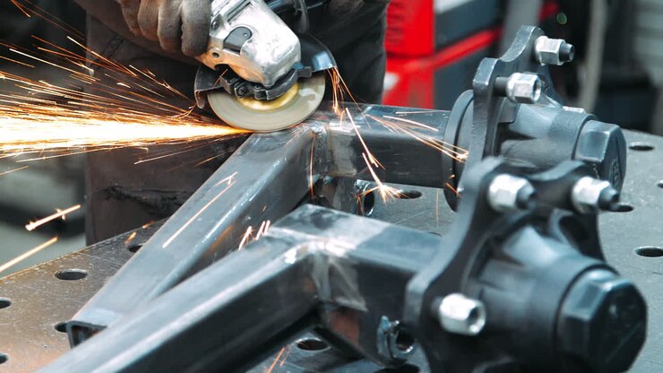 Worker processing place of welding metal square pipes by angle grinder