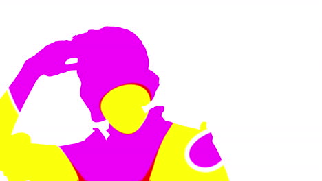 animación de una silueta caleidoscópica llena de amarillo y rosa de una mujer en busca sobre un fondo blanco