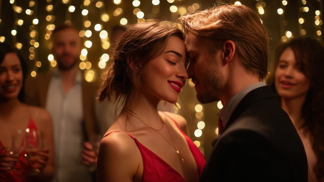 Couple Embracing in a Romantic Moment Surrounded by Friends and Beautiful String Lights, Capturing the Essence of Love, Celebration, and Joy During an Intimate Party Setting