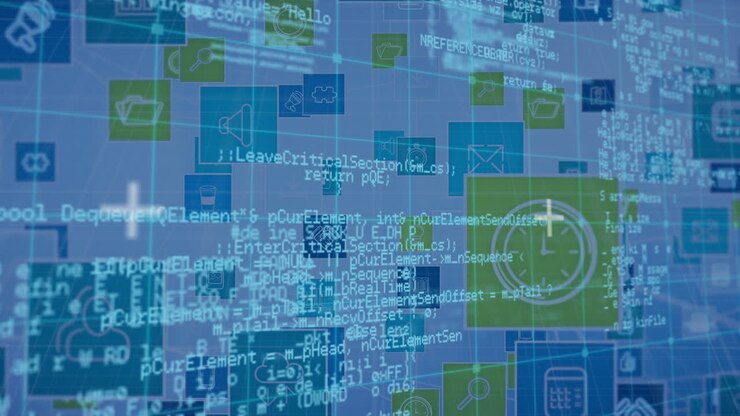 Animation of data processing over icons floating on light blue background