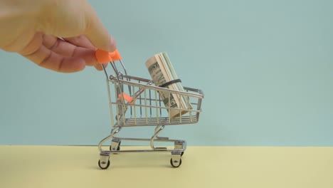 dollars in shopping carts. financial crisis or shopaholic concept. copy space.