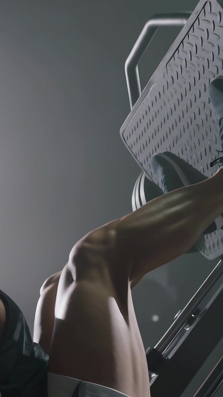 Vertical video: Planting feet starting athlete legs pressing footplate in gym dark shorts for power