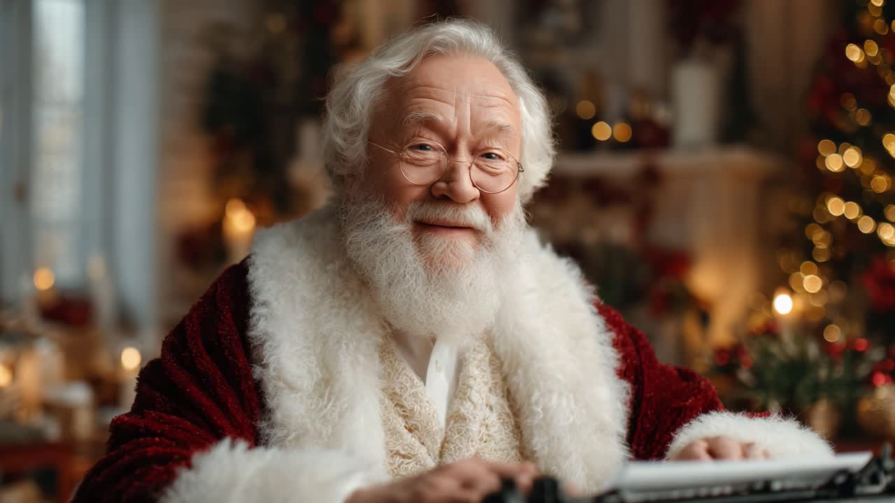 A Joyful Santa Claus Character Typing Christmas Wishes in a Cozy Holiday Setting Surrounded by Festive Decorations and Warm Holiday Lights