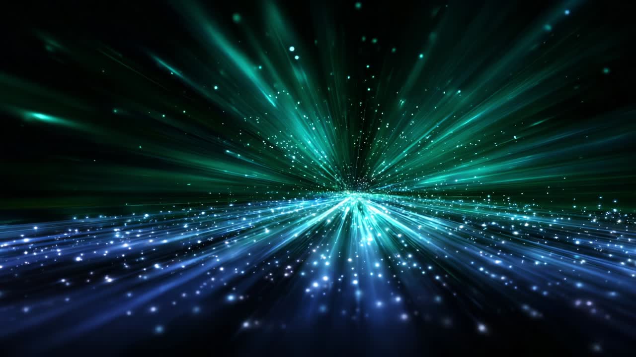A breathtaking visual representation of radiant light beams emerging from a central point, surrounded by shimmering particles that create a stunning cosmic effect, highlighting a sense of depth and motion within an ethereal environment