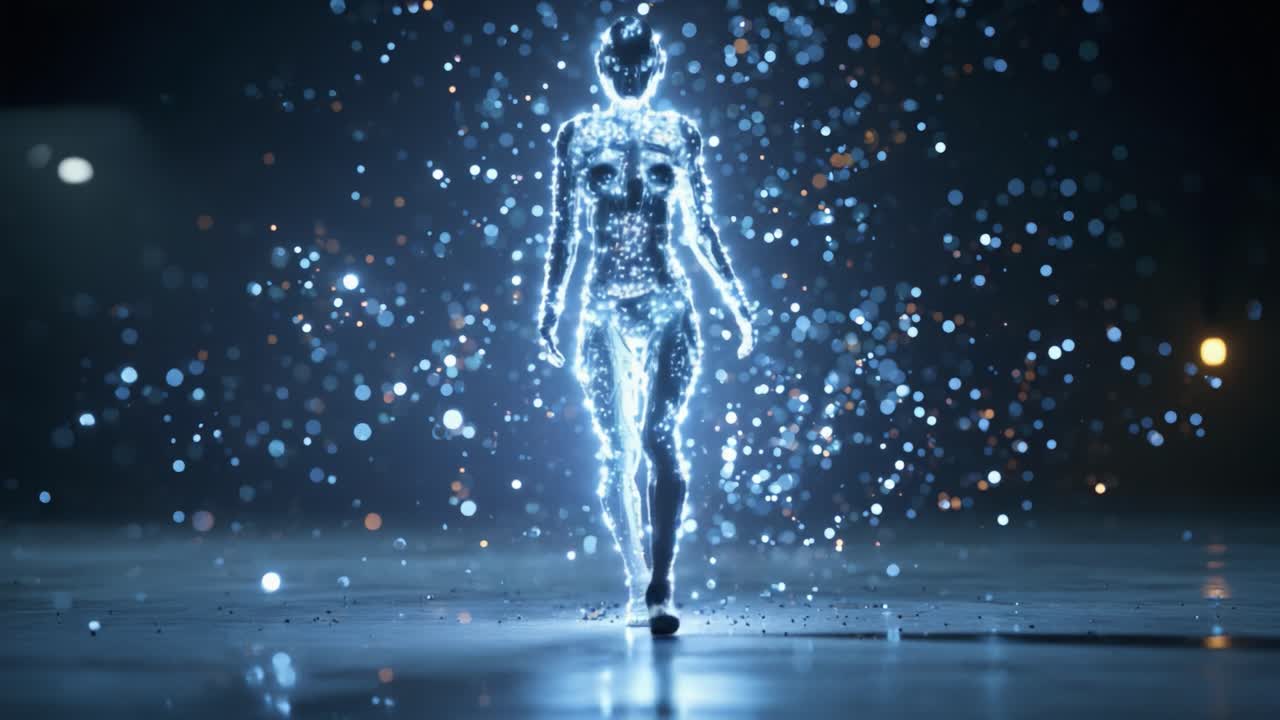 A Mesmerizing Spectacle of Light and Energy: A Glowing Figure Emerges from a Sparkling Emanation in a Darkened Environment, Exuding a Sense of Wonder and Magic