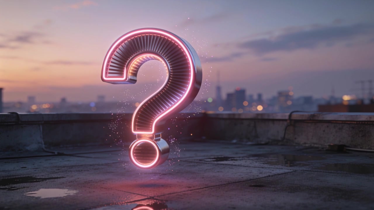 Punto interrogativo 3D al neon fluttuante che risplende sopra un tetto al tramonto, proiettando bagliori su una pozzanghera e scintille