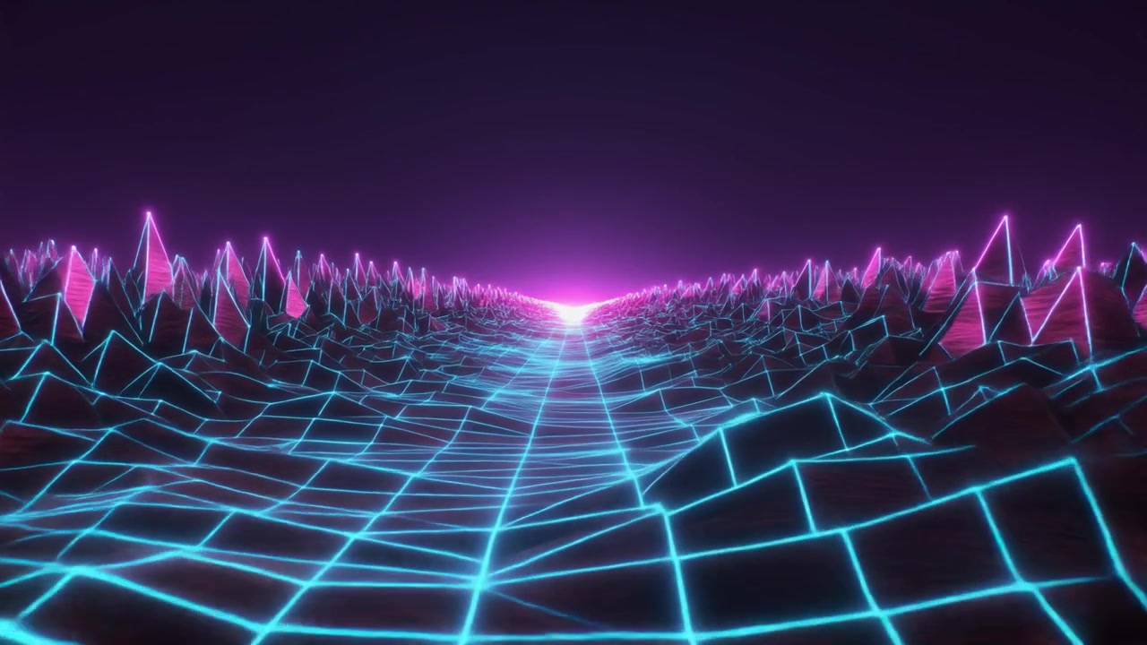 Retro Synthwave Style Digital Landscape with Glowing Neon Grid
