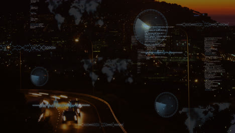 animation of round scanners and data processing against aerial view of city traffic at night