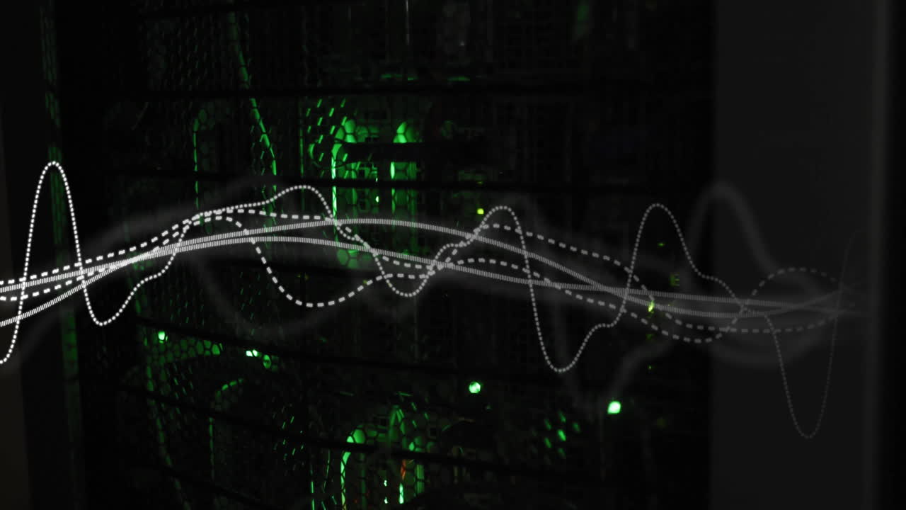 데이터 센터에서 녹색으로 켜진 서버 랙에 대한 파동 형태 애니메이션