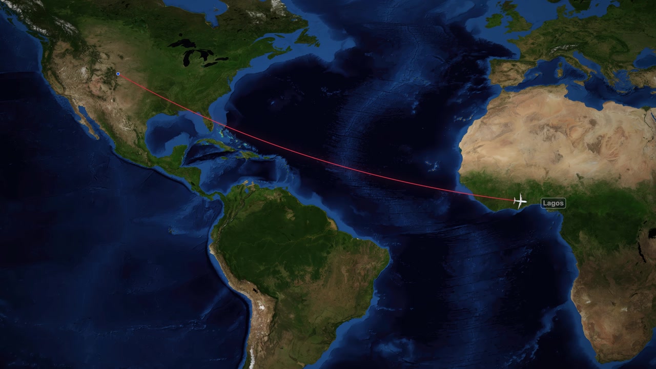 A digital world map tracks a plane flying from Denver to Lagos via red line