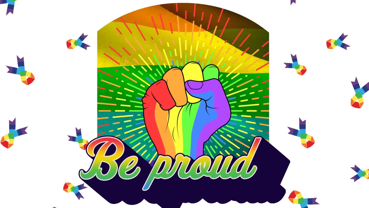 리본과 함께  ⁇ 색 배경 위에 자랑스럽고 무지개 손의 애니메이션