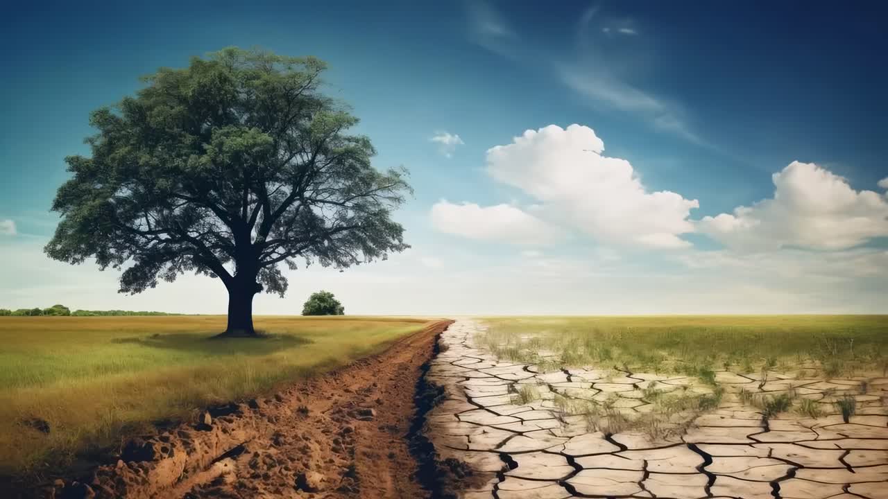 Split landscape video showing contrast between lush greenery and arid desert