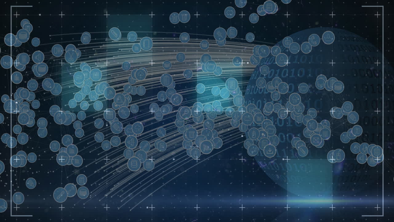 Animation of digital icons over globe with binary coding in background