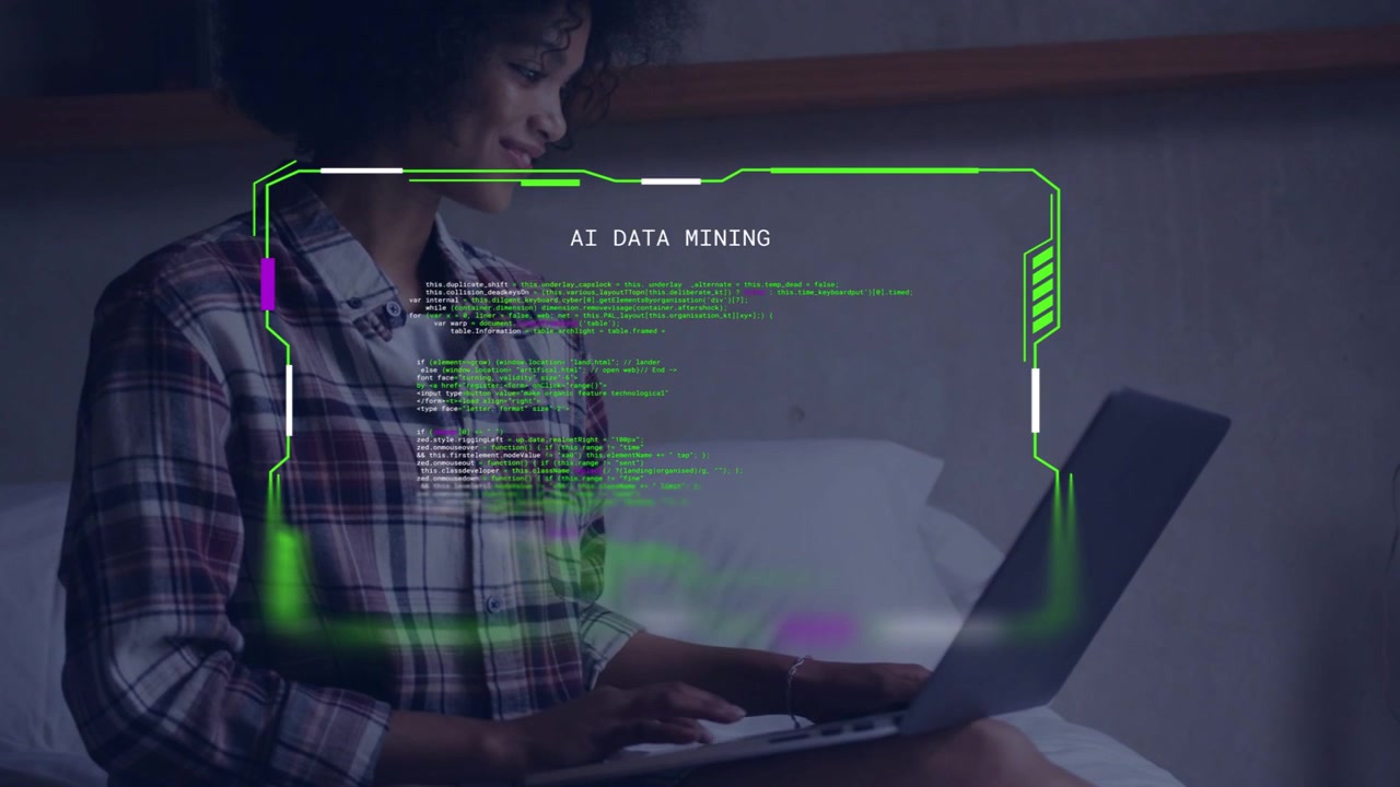 Woman placing laptop and hands on keys, activating green HUD AI DATA MINING, typing and analyzing