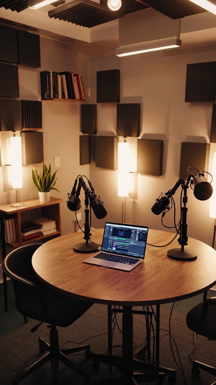 A dimly lit studio with a vintage microphone and 'ON AIR' sign, captured from a low angle