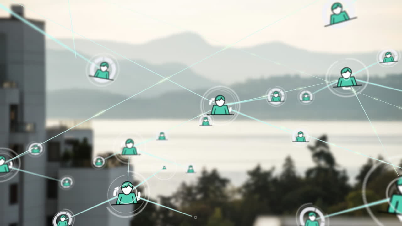 나무, 바다 및 높은 건물과 함께 풍경에 대한 프로필 아이콘 네트워크의 애니메이션