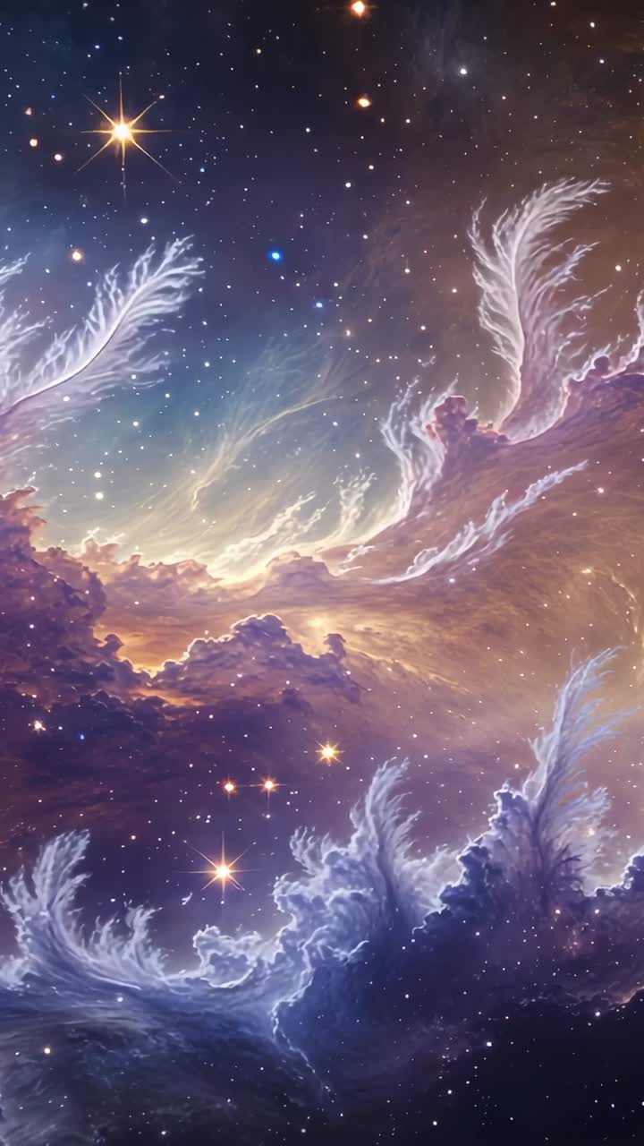 Vertical video: Cosmic nebula glowing in space, with star points, swirling clouds, gas filaments