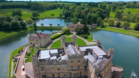 british tourist destination, castle grounds, water moat surround, aerial