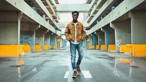 a man standing in an empty parking garage