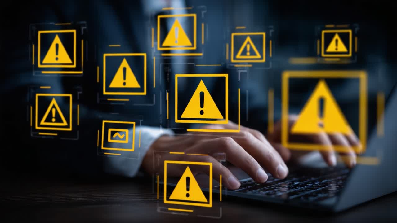 A Focused Individual Analyzing Warning Alerts on a Laptop, Highlighting the Importance of Cybersecurity and Risk Management in Today’s Digital Environment