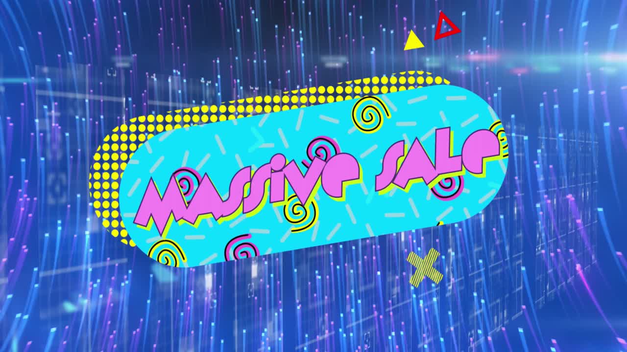 다채로운 배너, 추상적인 모양 및 회전하는 빛 트레일 위에 대규모 판매 텍스트의 애니메이션