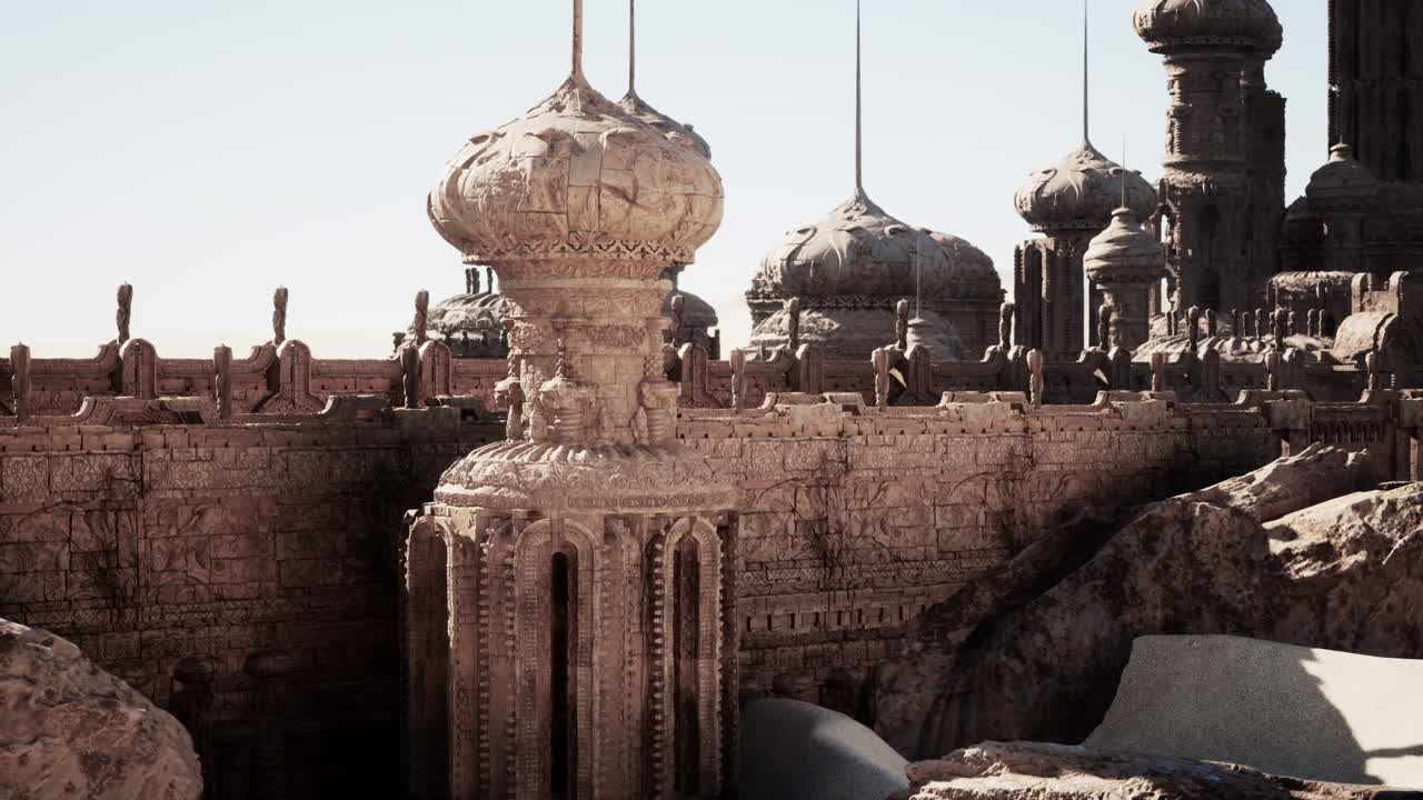 una ciudad desértica futurista con torres y cúpulas