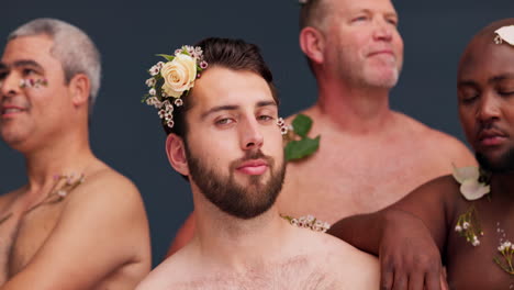 flowers, health and diversity with face of men