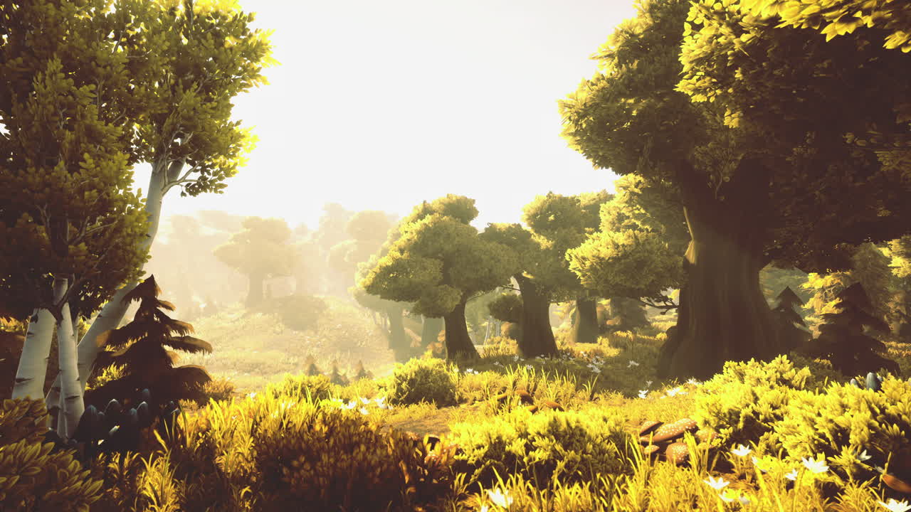 Golden sunlight filters through lush trees in a serene forest landscape