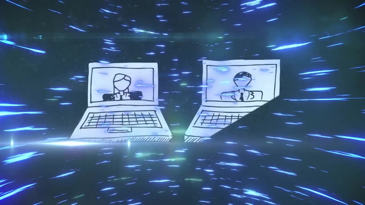 Radial blue streaks pulsing, hand-drawn laptops drifting from lower-left into center showing peers