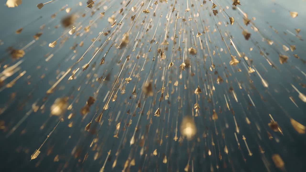 Filamenti riflettenti che cadono con scaglie dorate che fluttuano in studio per gravità sotto una luce calda