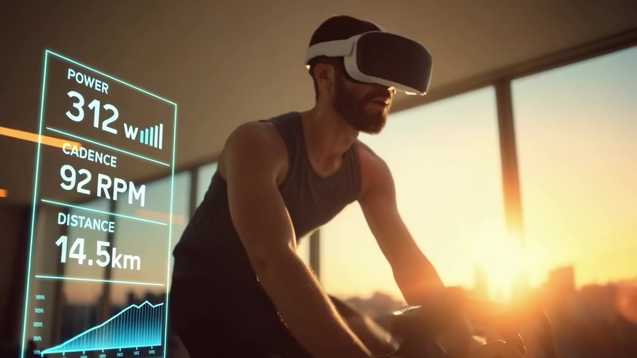 Uomo che si allena su una cyclette con visore per realtà virtuale
