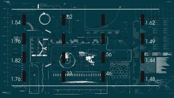 Futuristic Digital Data Interface with Animated Graphs and Global Metrics