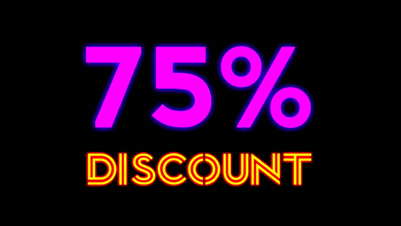 Testo luminoso al neon "Sconto del 75 percento" su sfondo nero, Black Friday, grande evento di saldi per la promozione commerciale di negozi, vendita al dettaglio, resort, bar