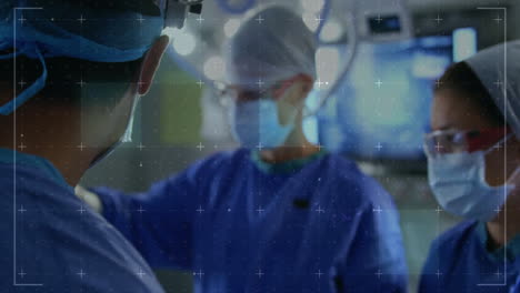 medical professionals performing surgery with data processing animation over scene