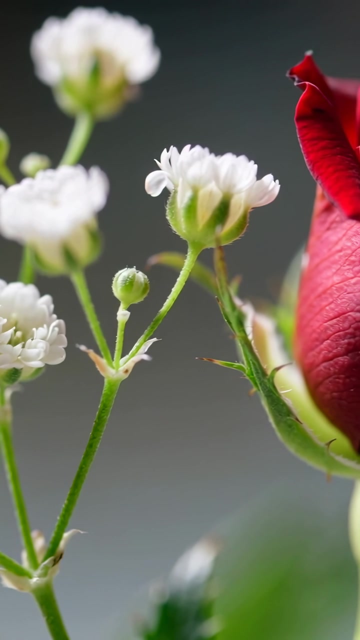 Video vertikal: Kamera menggeser memperlihatkan bunga baby's breath putih, kuncup mawar merah dalam studio abu-abu, close-up.