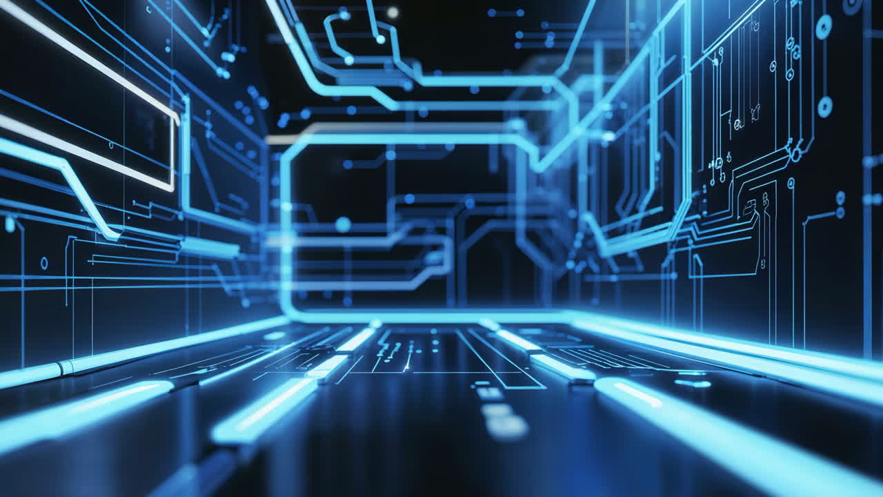 Futuristic Digital Circuit Board with Glowing Blue Lines