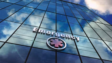 emergency and hospital glass skyscraper with mirrored sky loop animation