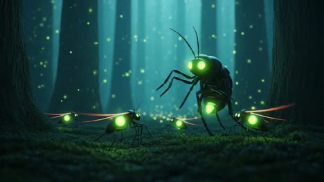 a fascinating encounter with bioluminescent insects in an enchanted forest, showcasing their glow amidst the mystical atmosphere of tall trees