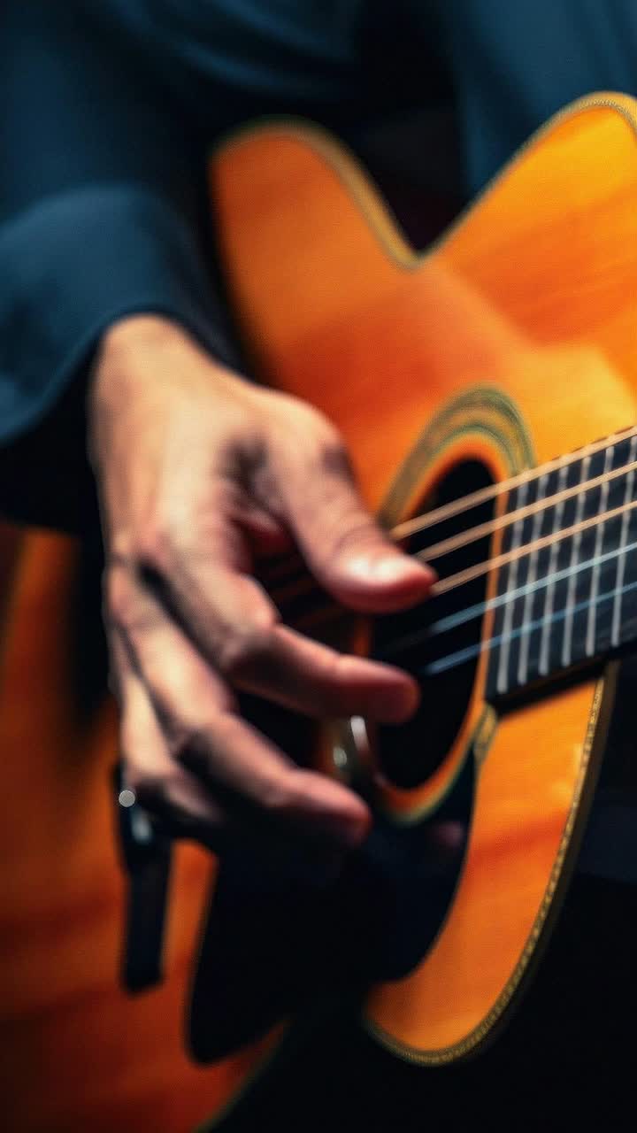 Close-up video of a hand strumming an acoustic guitar, capturing the texture and detail from a low