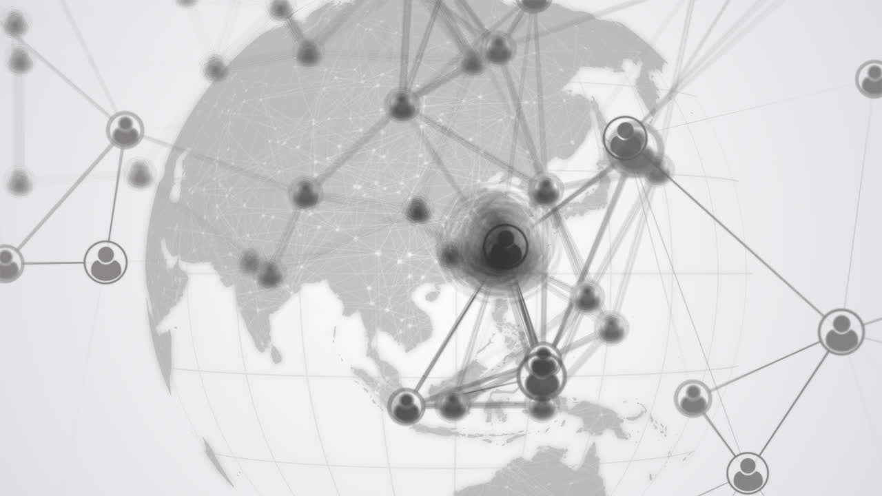 Icons of Internet users connected to global network by lines on blurred background of earth globe. Black and white looped animation. Social network connections.