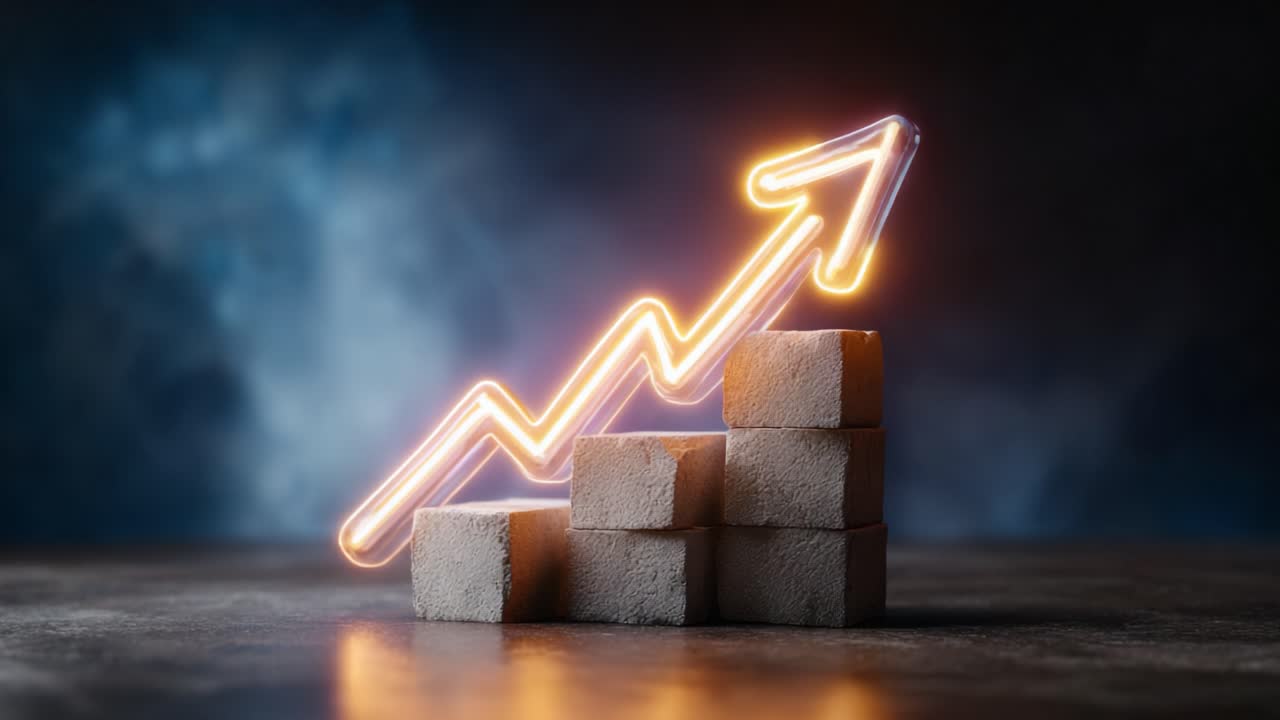 A Dynamic Visual Representation of Growth Featuring a Neon Arrow Indicating Progress Over a Series of Stone Blocks on a Textured Surface