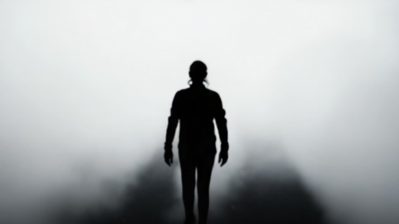 A solitary figure emerges from the thick fog, shrouded in mystery and ambiguity, evoking a sense of intrigue and contemplation in a desolate landscape